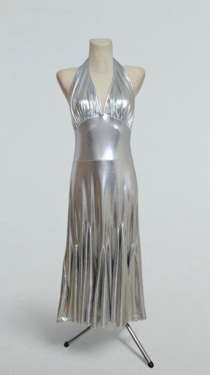 metallic silver halter dress Mona Pleated Metallic Halter Gown