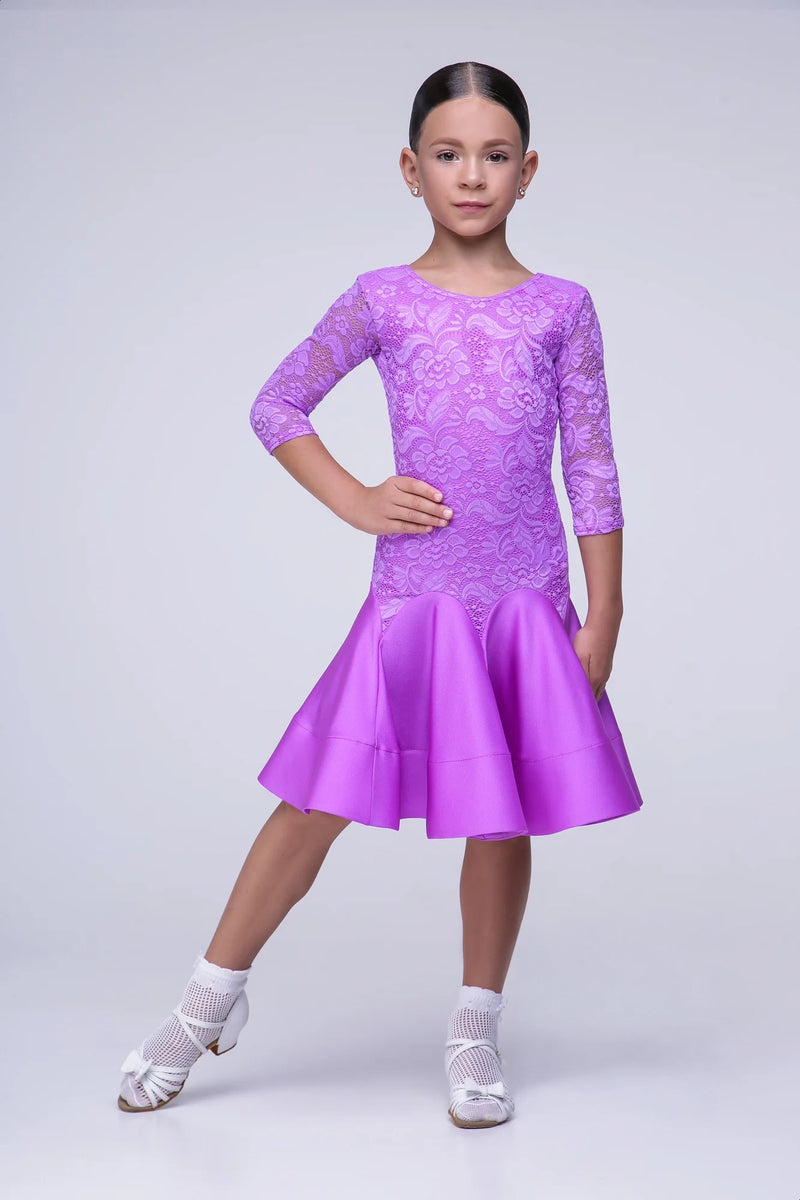 Lilac rating dress for dancing from supplex and elastic guipure based on bodysuit