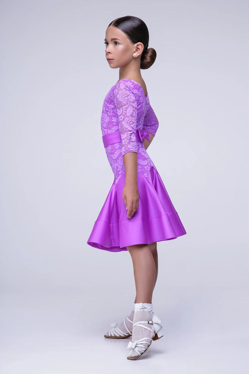 Lilac rating dress for dancing from supplex and elastic guipure based on bodysuit