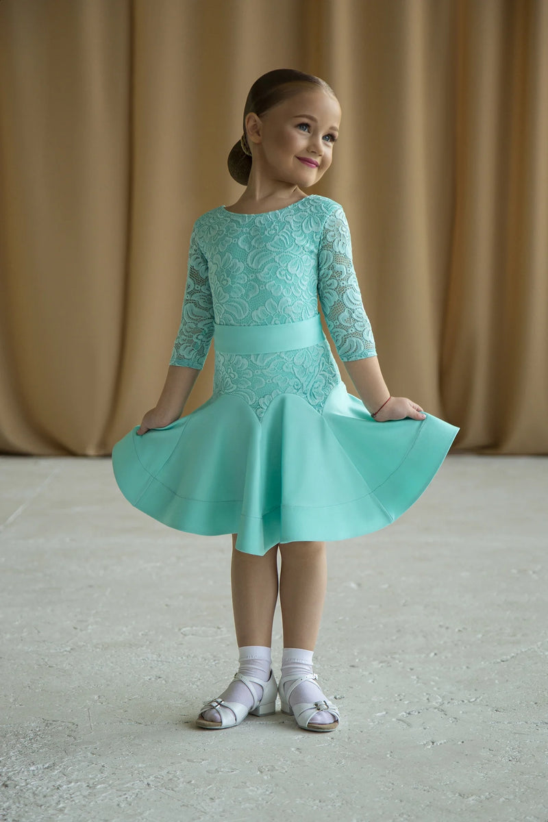 Turquoise dance dress made of supplex and elastic guipure based on bodysuit