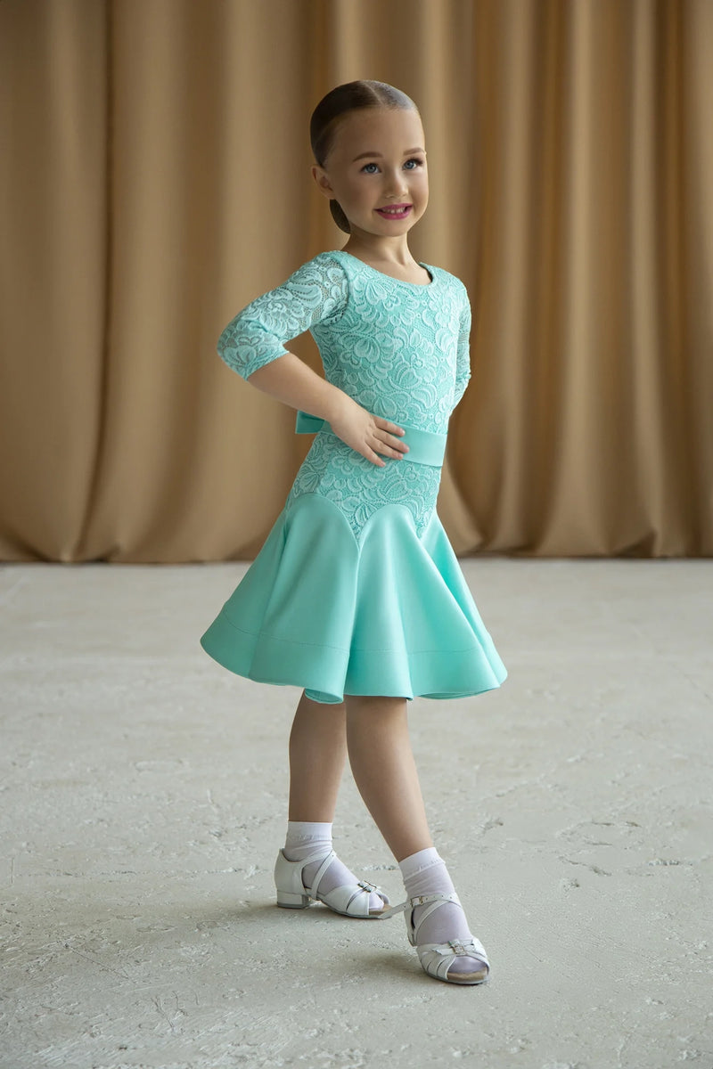 Turquoise dance dress made of supplex and elastic guipure based on bodysuit