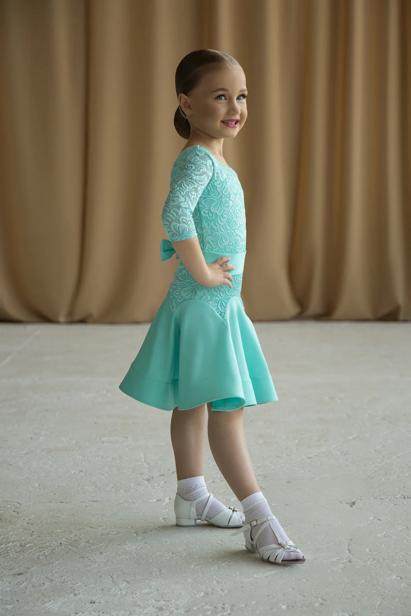 Turquoise dance dress made of supplex and elastic guipure based on bodysuit