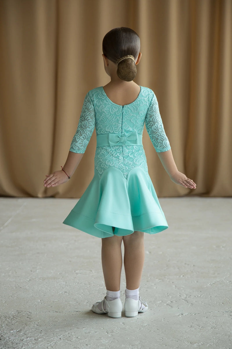 Turquoise dance dress made of supplex and elastic guipure based on bodysuit