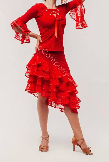 Red Lace Dance Blouse with Flared Sleeves