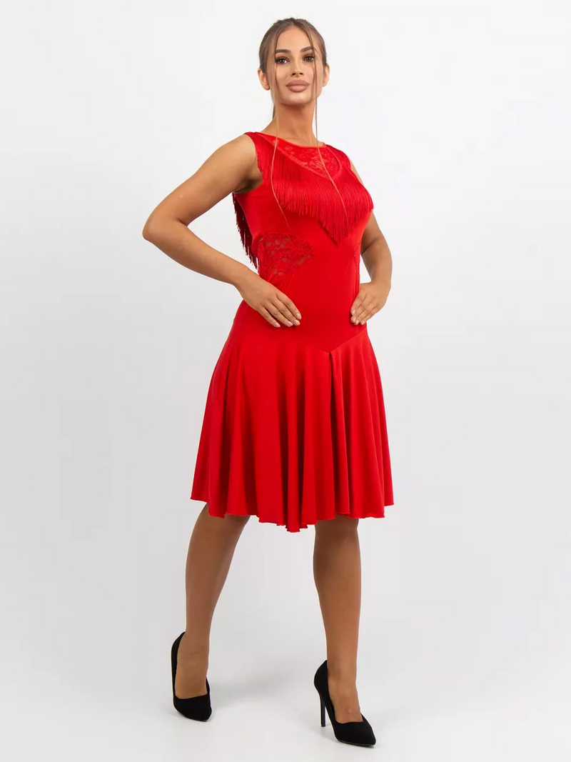 Red dance dress with fringe and lace Inserts