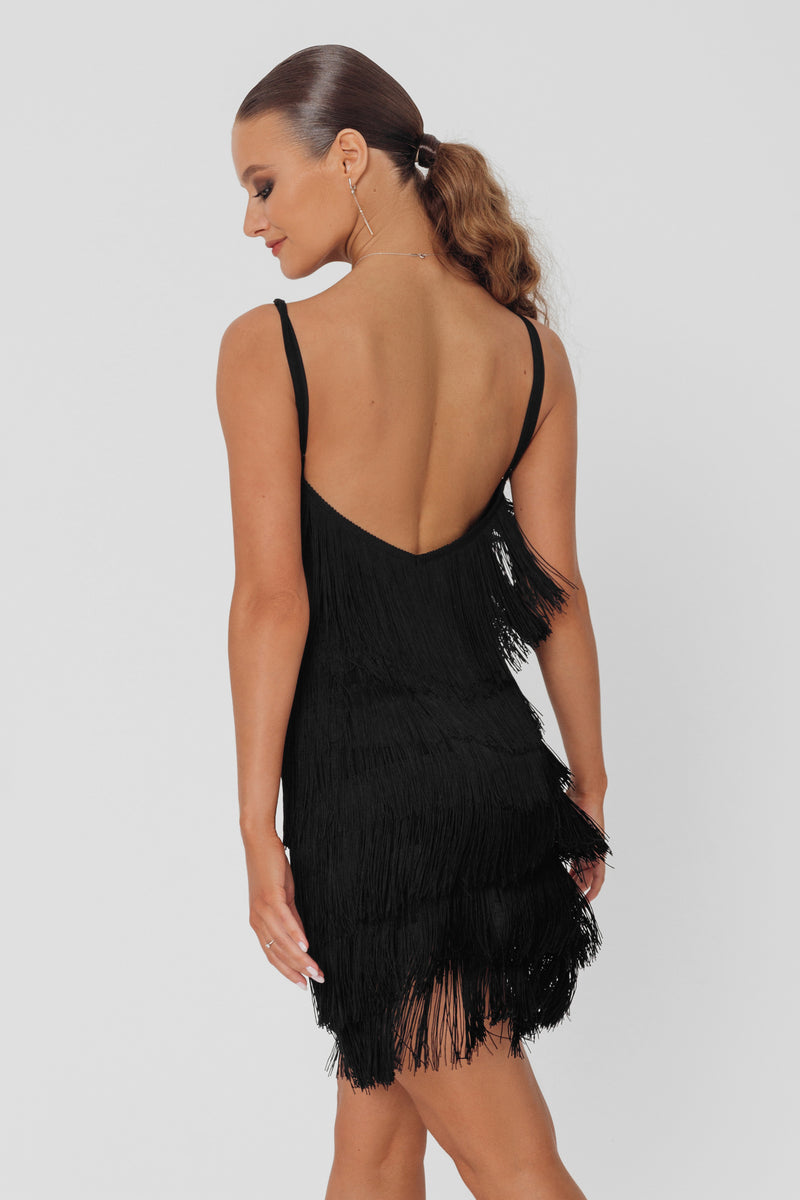 Elegant dance dress with fringe and open back