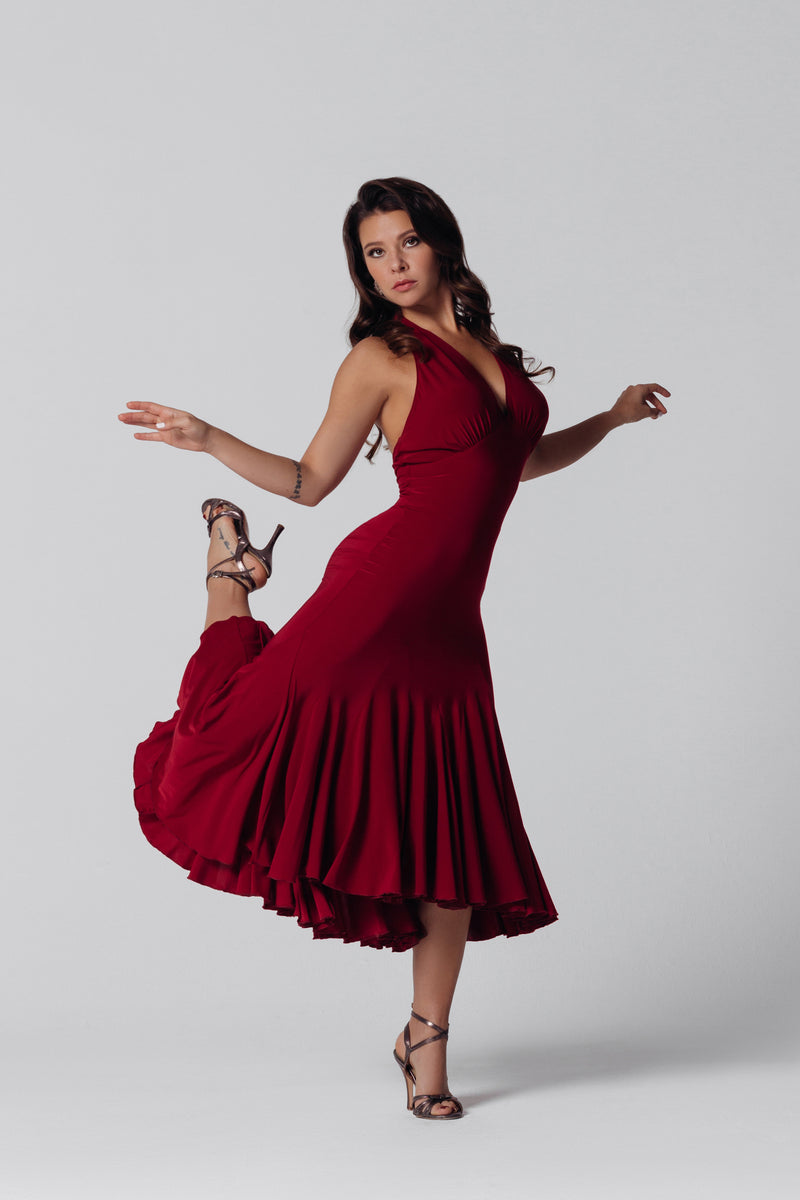 Dark-red tango dress with halter neck ties - Main Image