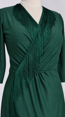Fringed V-neck wrap bodice close-up