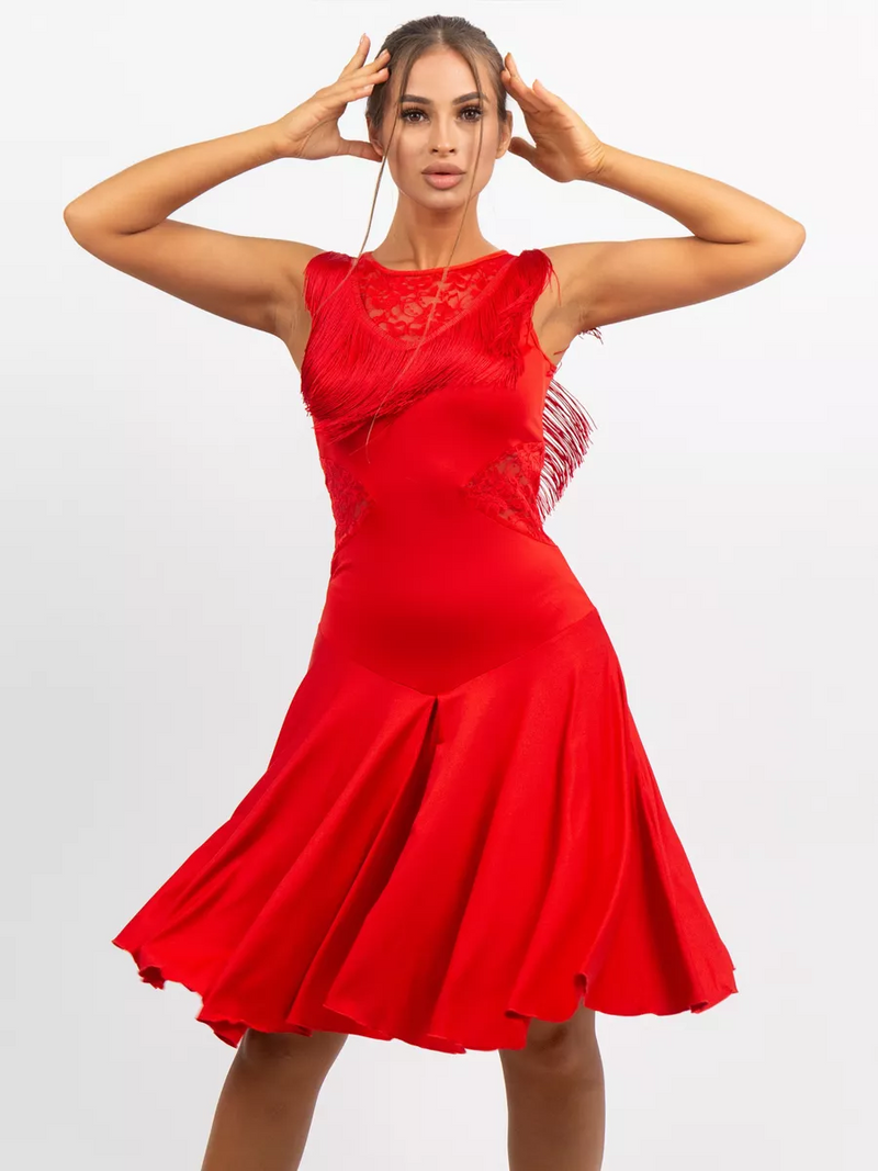 Red dance dress with fringe and lace Inserts