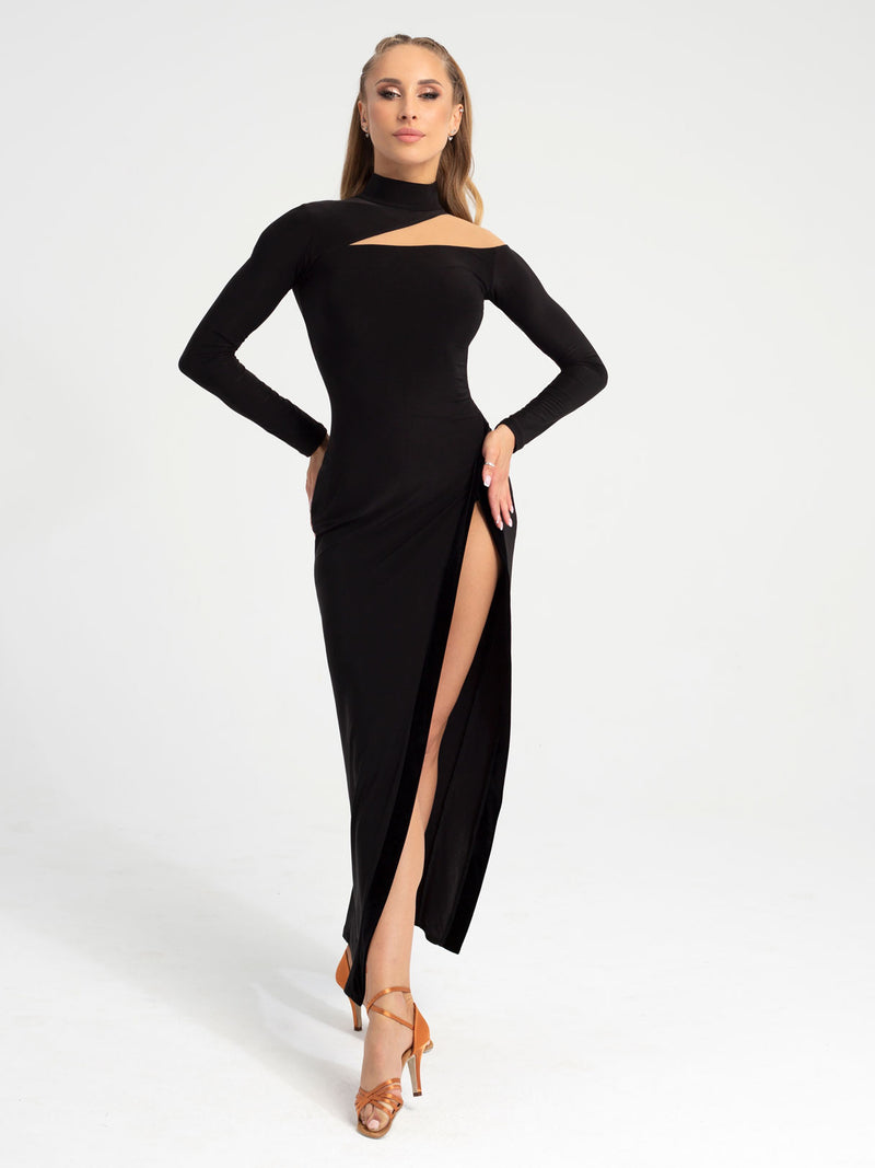 Elegant Black Ballroom Dress with Side Slit and Built-in Bodysuit