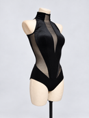 Mesh plunge mock neck three-quarter view
