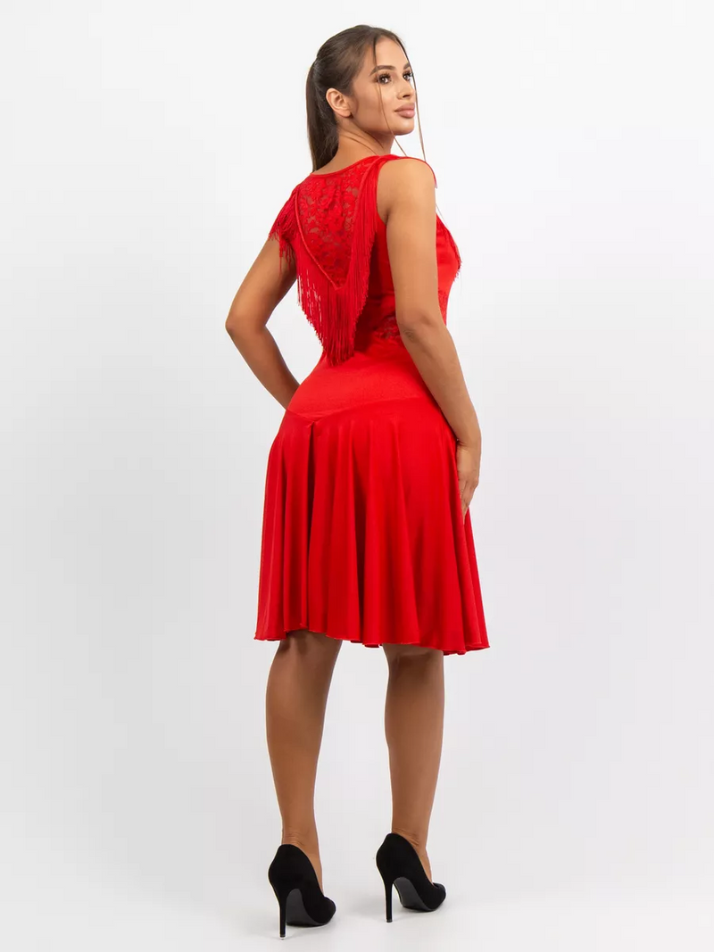 Red dance dress with fringe and lace Inserts