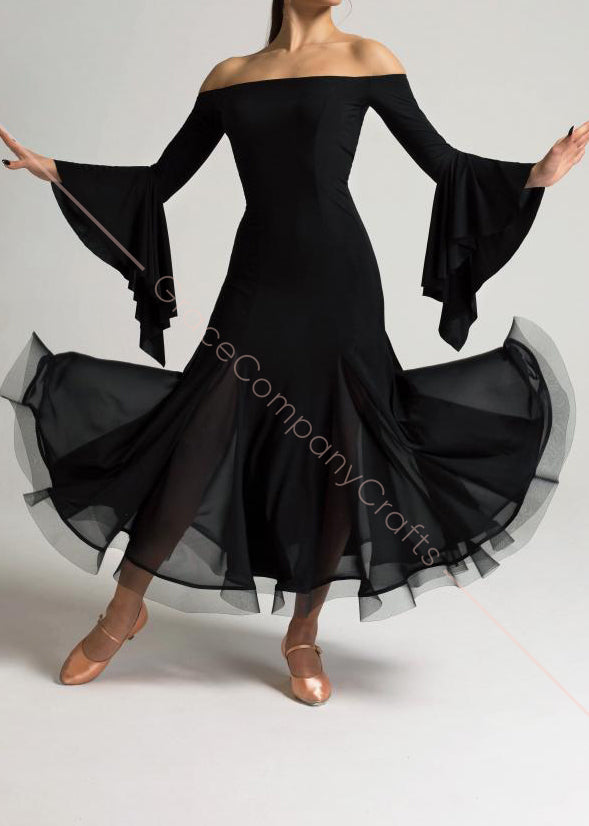 Elegant Black Off-Shoulder Dress with Bell Sleeves