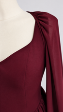 Gathered sheer sleeve shoulder close-up