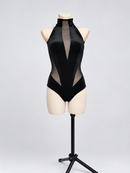 Black velvet dance bodysuit front view