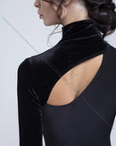Black dance bodysuit with velvet trim