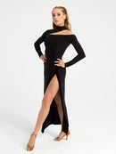 Elegant Black Ballroom Dress with Side Slit and Built-in Bodysuit