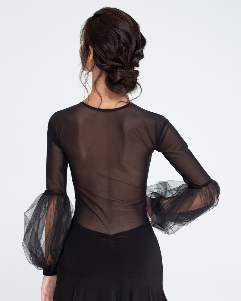 Elegant Ballroom Dance Dress with Sheer Puff Sleeves