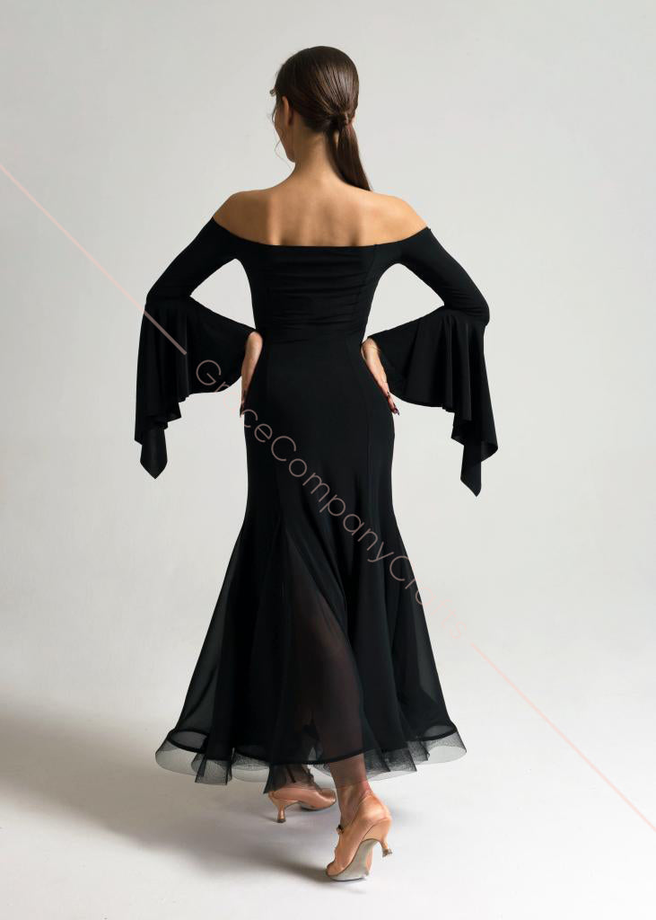 Elegant Black Off-Shoulder Dress with Bell Sleeves