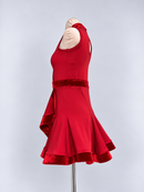 Red dress godet skirt side view