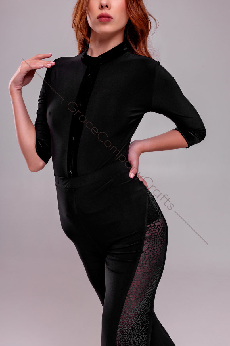 Black bodysuit for dancing. Tango bodysuit with buttons