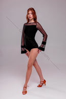 Black bodysuit with long, wide mesh sleeves