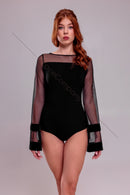 Black bodysuit with long, wide mesh sleeves