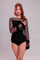 Black bodysuit with long, wide mesh sleeves
