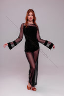 Black bodysuit with long, wide mesh sleeves