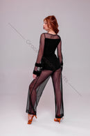 Black bodysuit with long, wide mesh sleeves