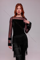 Black bodysuit with long, wide mesh sleeves