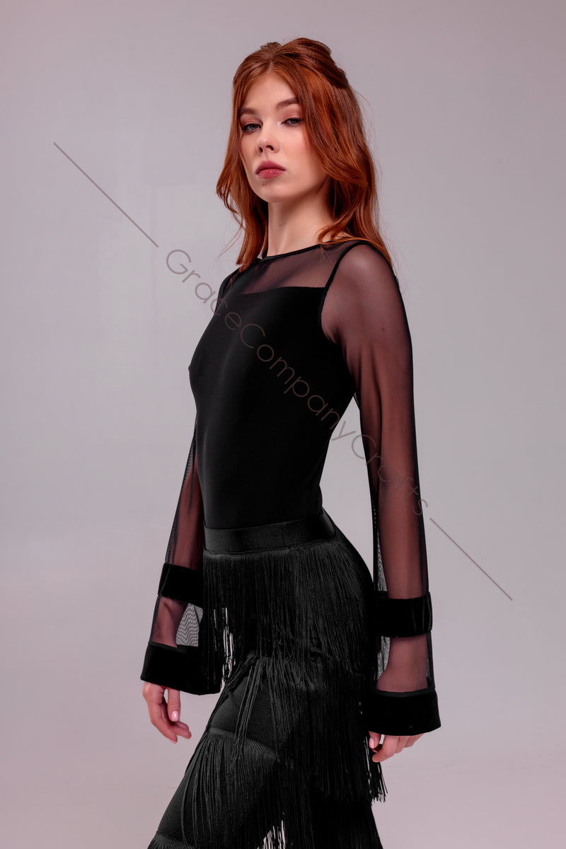 Black bodysuit with long, wide mesh sleeves