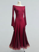 Burgundy Ballroom Dress with Flared Sleeves and Flowing Skirt