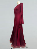 Burgundy Ballroom Dress with Flared Sleeves and Flowing Skirt