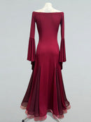 Burgundy Ballroom Dress with Flared Sleeves and Flowing Skirt