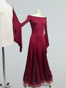Burgundy Ballroom Dress with Flared Sleeves and Flowing Skirt