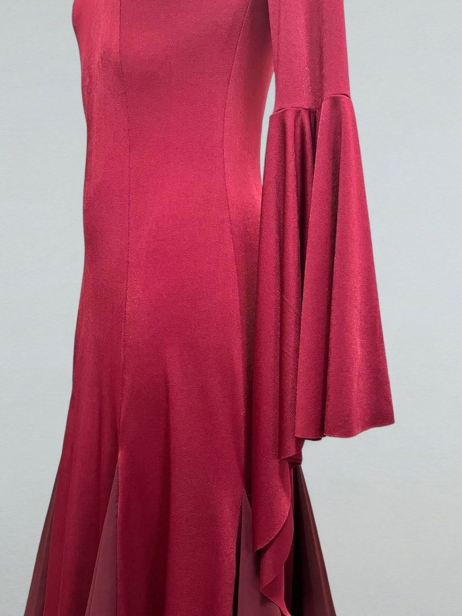 Burgundy Ballroom Dress with Flared Sleeves and Flowing Skirt 7X / As pictured