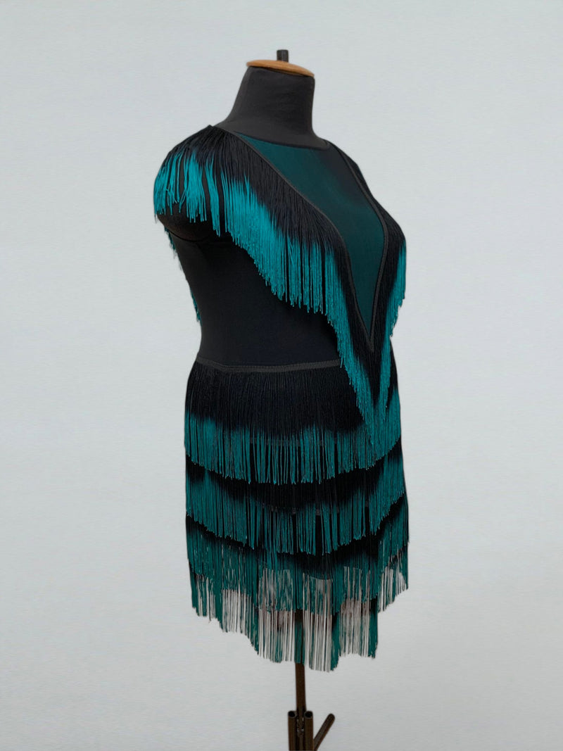 Black Dance Costume with Emerald Accents and Fringe
