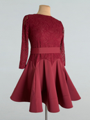 Burgundy Girls Ballroom Dance Dress with Lace Bodice