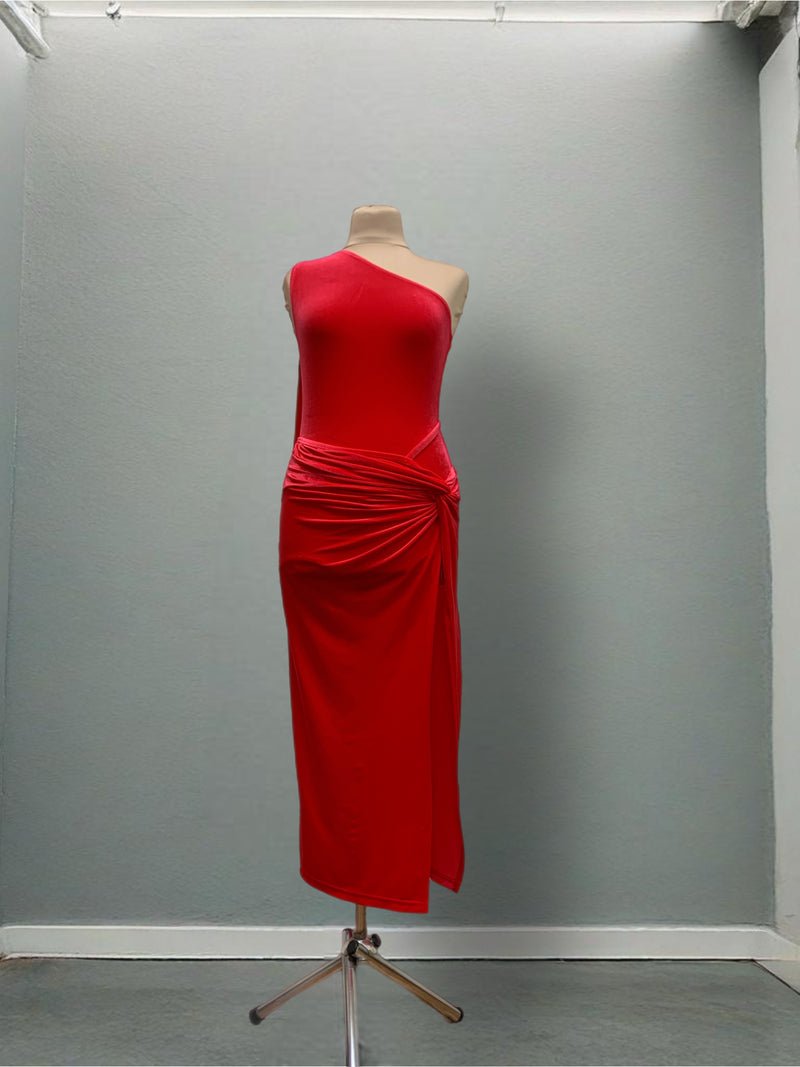 Elegant Orange One-Shoulder Dress with Draped Waist