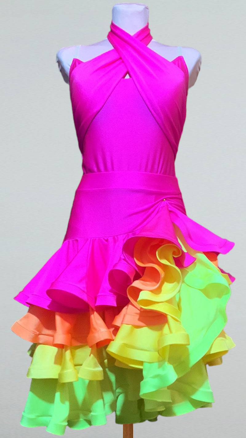 Colorful Ruffled Latin Dance Dress – Multicolored Skirt with Open Back