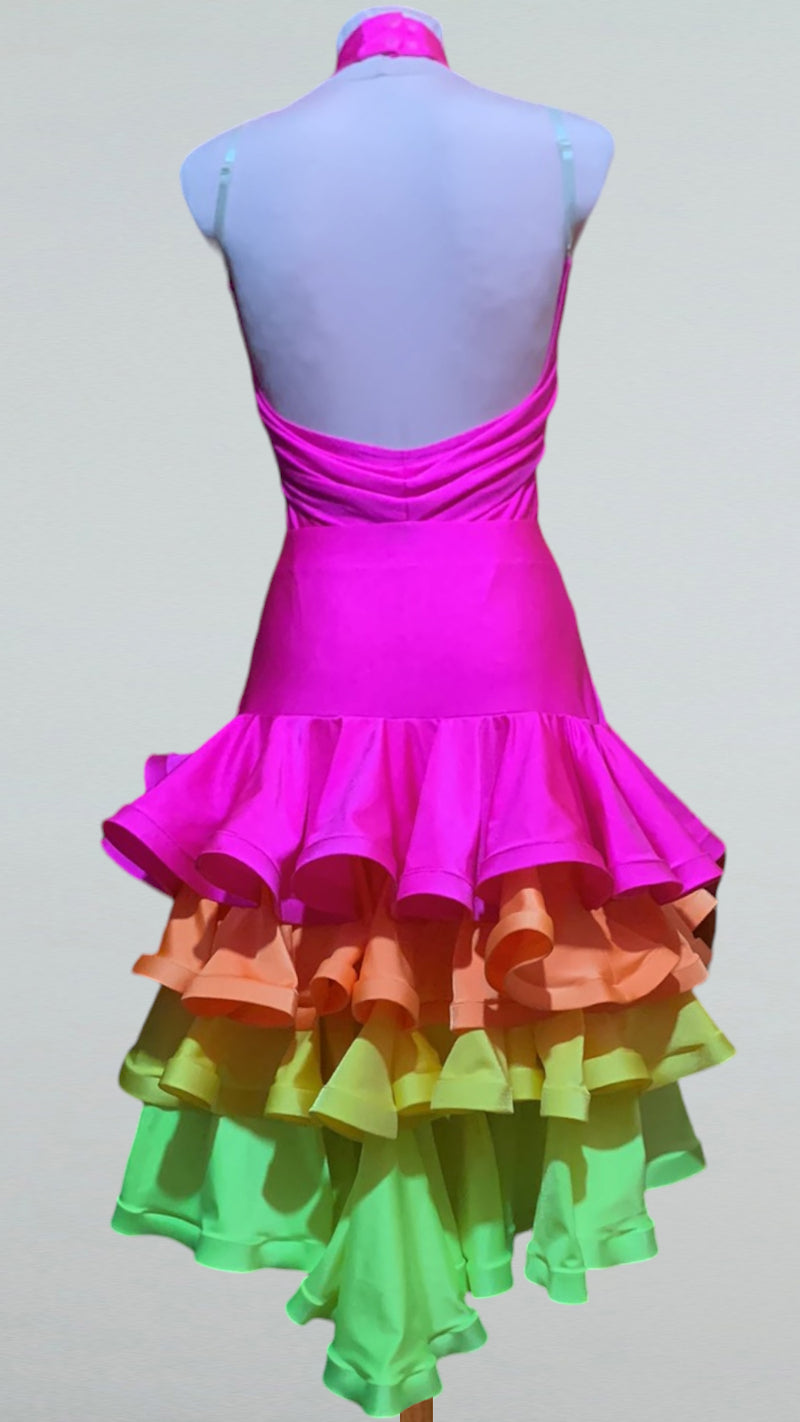 Colorful Ruffled Latin Dance Dress – Multicolored Skirt with Open Back