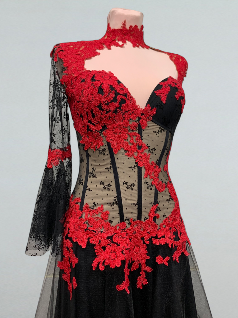 Red Lace Corset Dance Gown with Sequins for Ballroom Performances