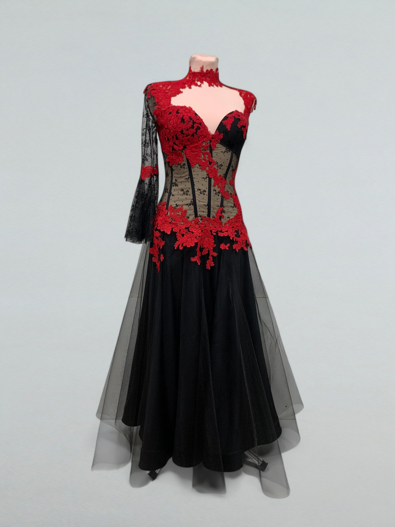 Red Lace Corset Dance Gown with Sequins for Ballroom Performances