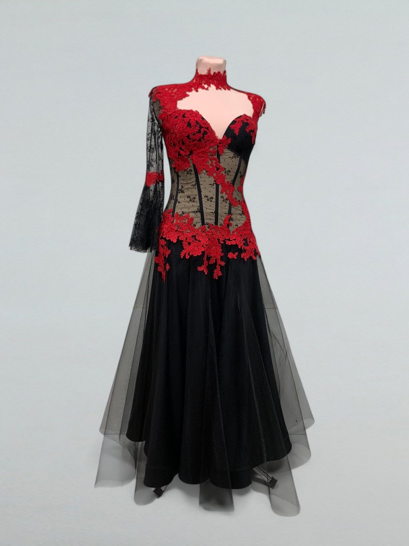 Red Lace Corset Dance Gown with Sequins for Ballroom Performances Red Lace Corset Dance Gown with Sequins for Ballroom Performances