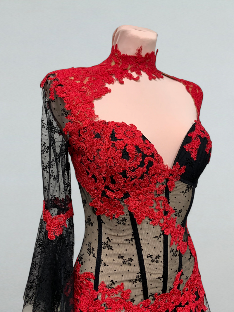 Red Lace Corset Dance Gown with Sequins for Ballroom Performances