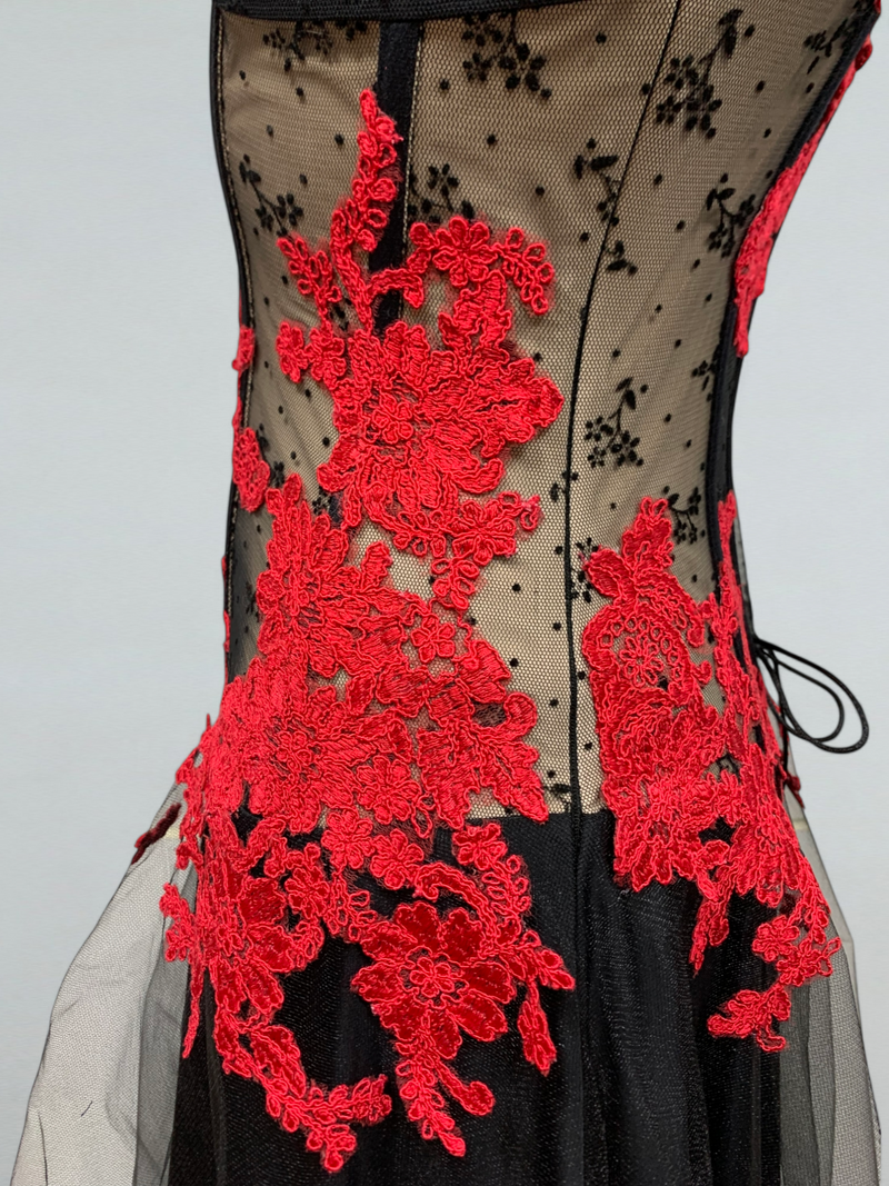 Red Lace Corset Dance Gown with Sequins for Ballroom Performances