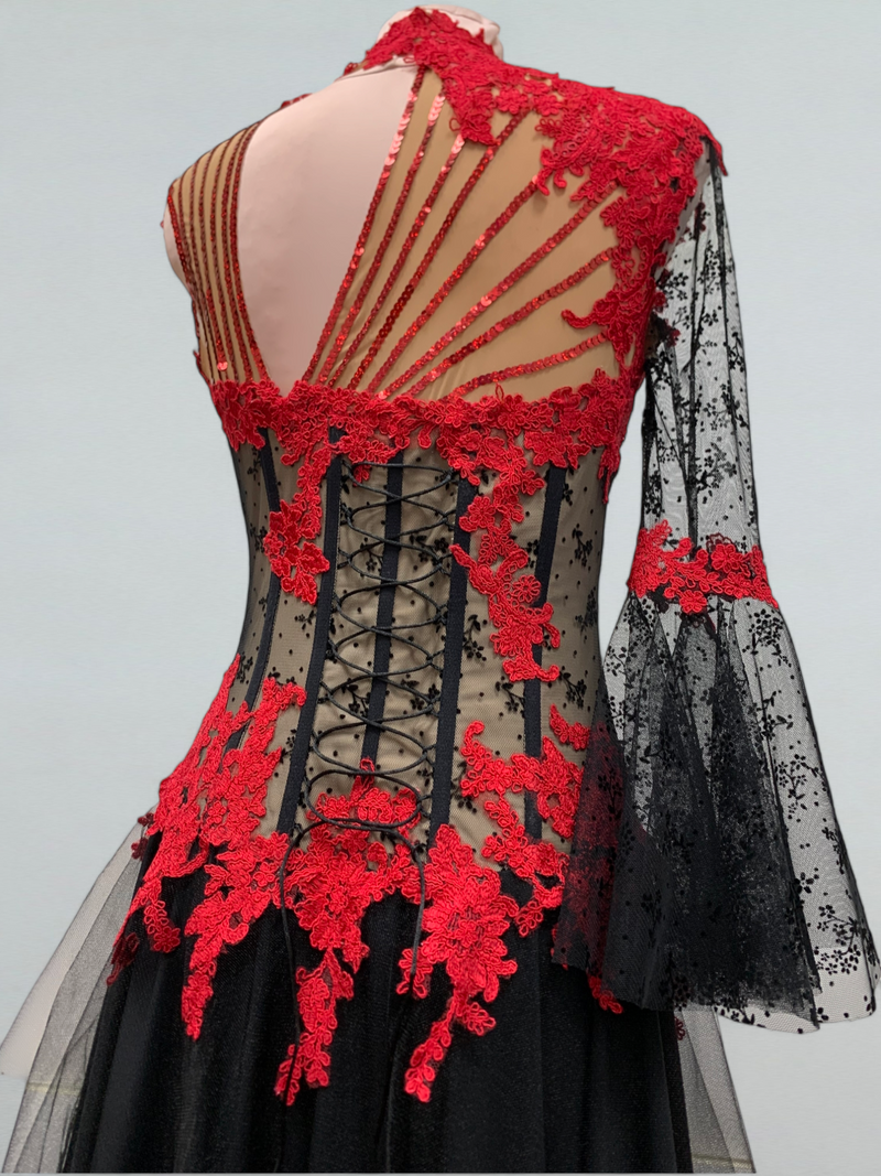 Red Lace Corset Dance Gown with Sequins for Ballroom Performances