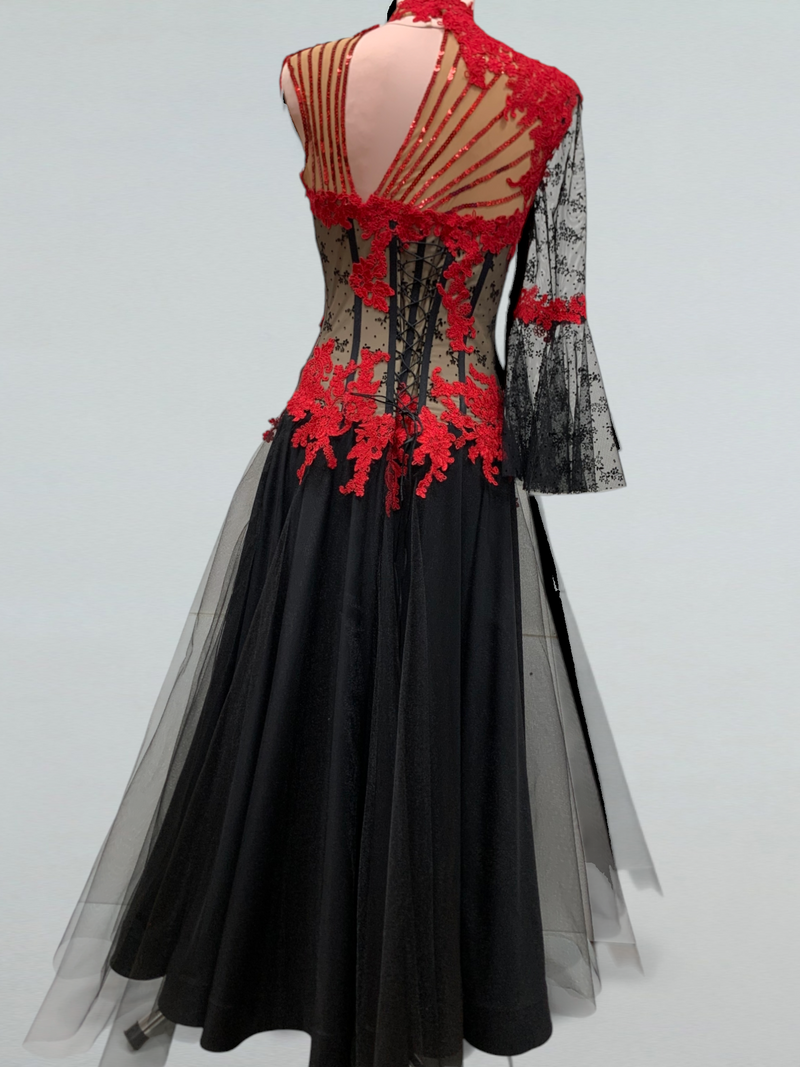 Red Lace Corset Dance Gown with Sequins for Ballroom Performances