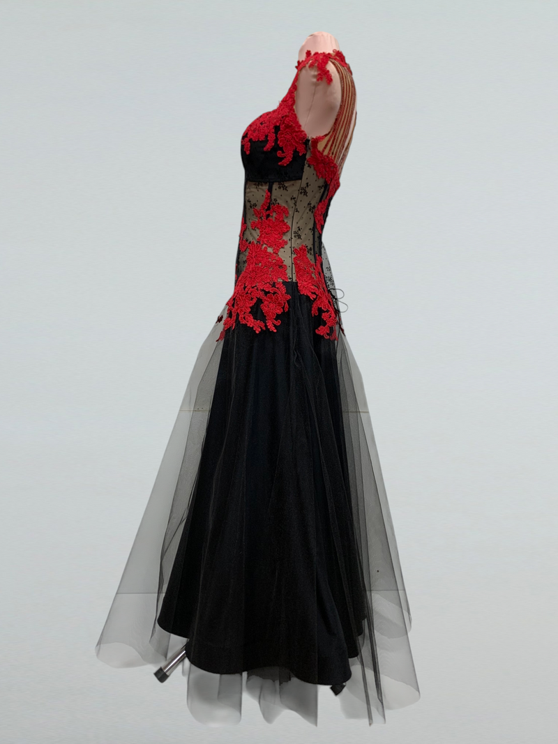 Red Lace Corset Dance Gown with Sequins for Ballroom Performances